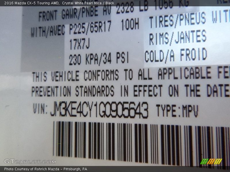 Crystal White Pearl Mica / Black 2016 Mazda CX-5 Touring AWD