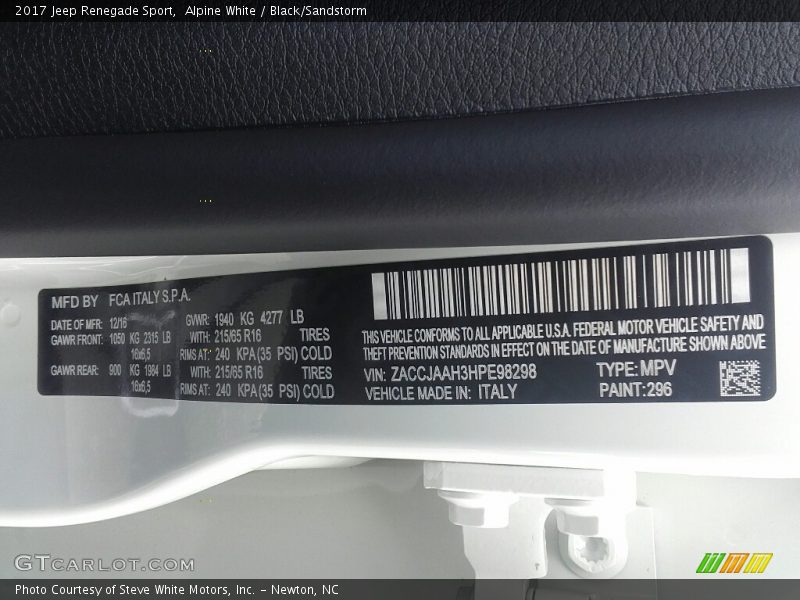 Alpine White / Black/Sandstorm 2017 Jeep Renegade Sport