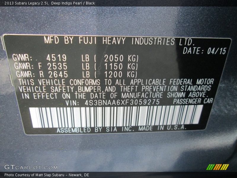 Deep Indigo Pearl / Black 2013 Subaru Legacy 2.5i