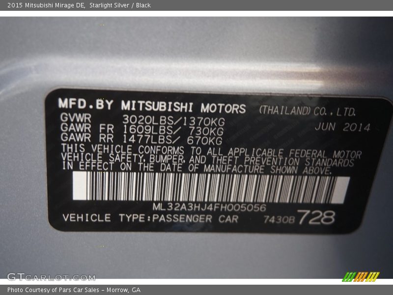 Starlight Silver / Black 2015 Mitsubishi Mirage DE