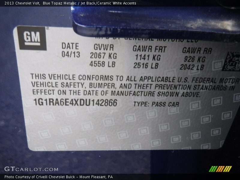 Blue Topaz Metallic / Jet Black/Ceramic White Accents 2013 Chevrolet Volt