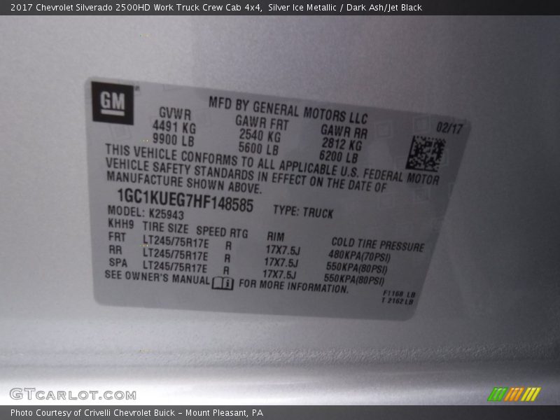 Silver Ice Metallic / Dark Ash/Jet Black 2017 Chevrolet Silverado 2500HD Work Truck Crew Cab 4x4