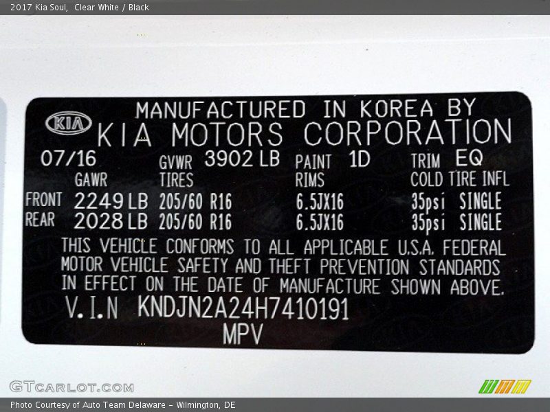 2017 Soul  Clear White Color Code 1D