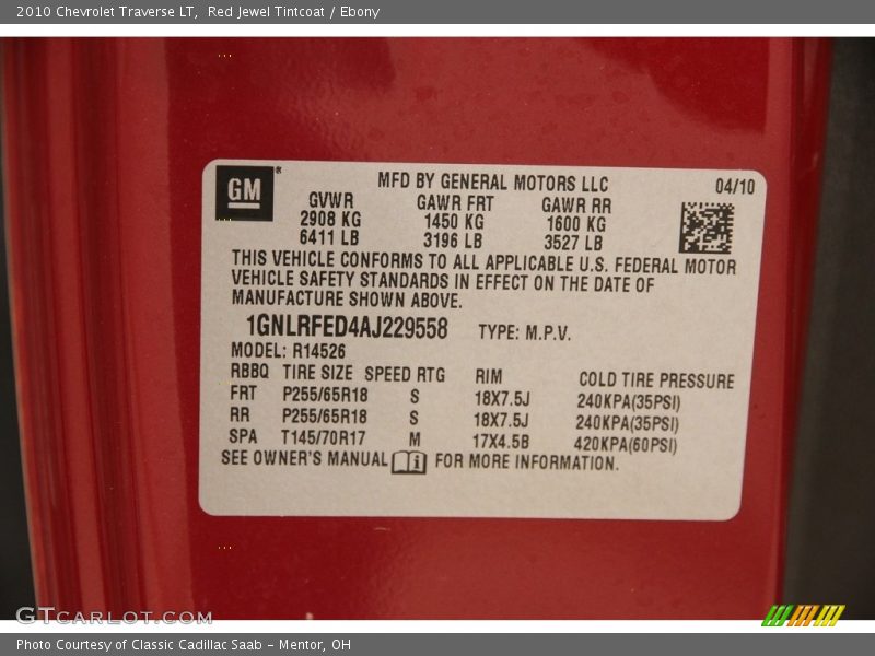 Red Jewel Tintcoat / Ebony 2010 Chevrolet Traverse LT