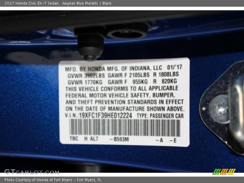 Aegean Blue Metallic / Black 2017 Honda Civic EX-T Sedan