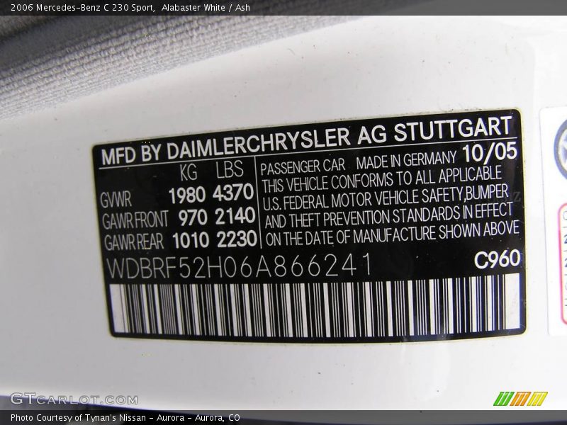 Alabaster White / Ash 2006 Mercedes-Benz C 230 Sport