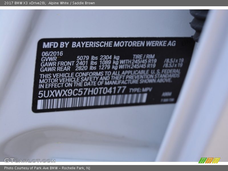 Alpine White / Saddle Brown 2017 BMW X3 xDrive28i