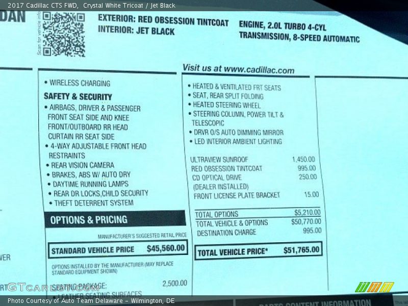  2017 CTS FWD Window Sticker