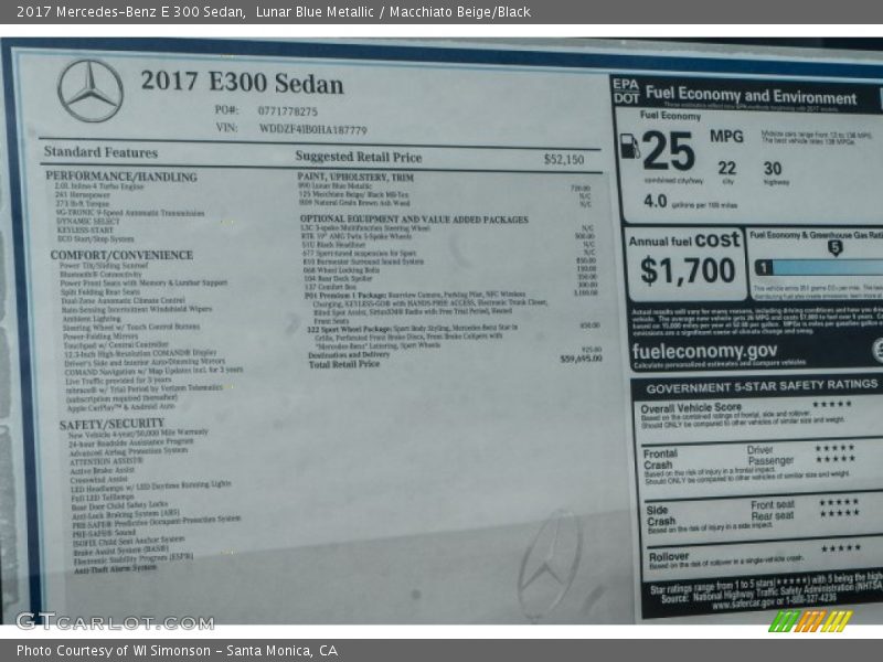 Lunar Blue Metallic / Macchiato Beige/Black 2017 Mercedes-Benz E 300 Sedan