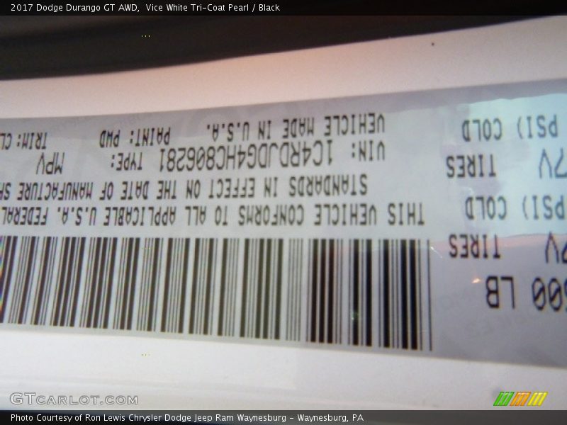 Vice White Tri-Coat Pearl / Black 2017 Dodge Durango GT AWD