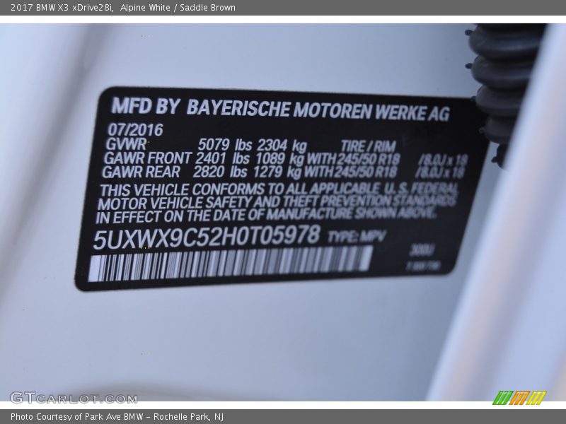 Alpine White / Saddle Brown 2017 BMW X3 xDrive28i