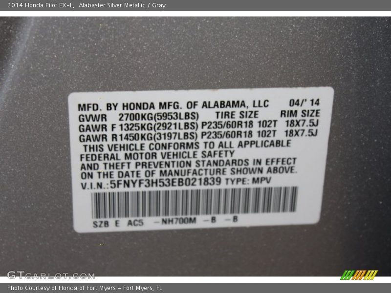 Alabaster Silver Metallic / Gray 2014 Honda Pilot EX-L