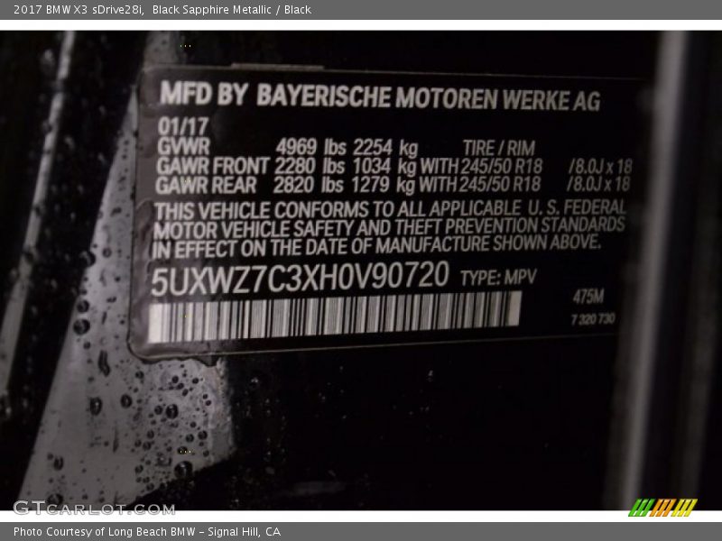 Black Sapphire Metallic / Black 2017 BMW X3 sDrive28i