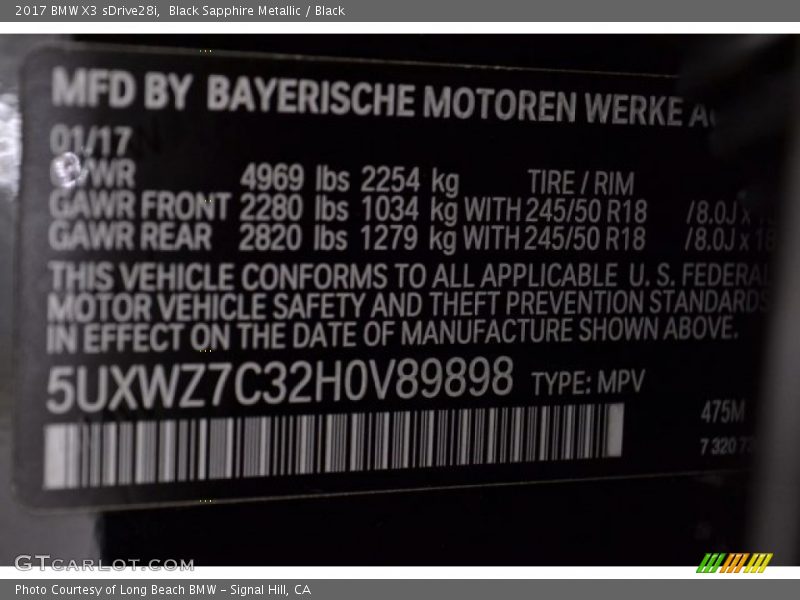 Black Sapphire Metallic / Black 2017 BMW X3 sDrive28i