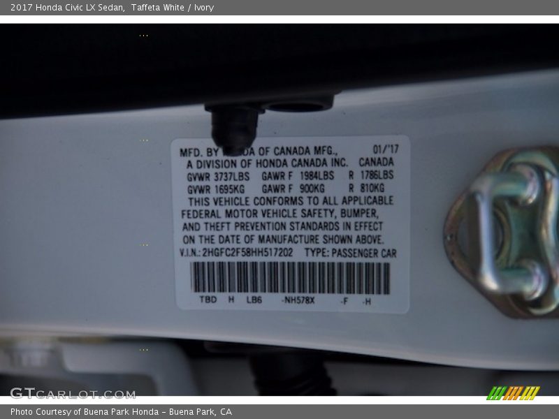 Taffeta White / Ivory 2017 Honda Civic LX Sedan
