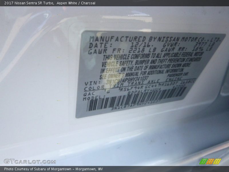 2017 Sentra SR Turbo Aspen White Color Code QAC