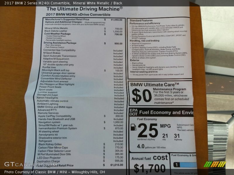 Mineral White Metallic / Black 2017 BMW 2 Series M240i Convertible