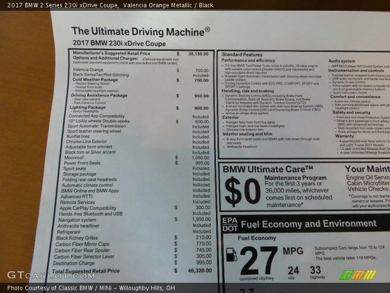  2017 2 Series 230i xDrive Coupe Window Sticker