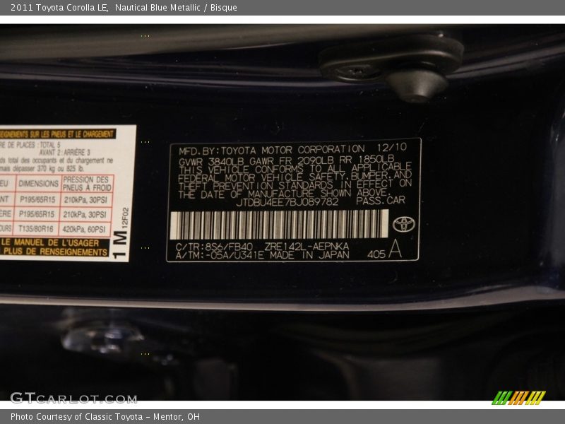 Nautical Blue Metallic / Bisque 2011 Toyota Corolla LE