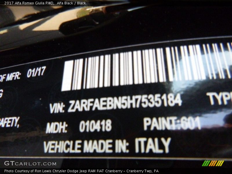 2017 Giulia RWD Alfa Black Color Code 601