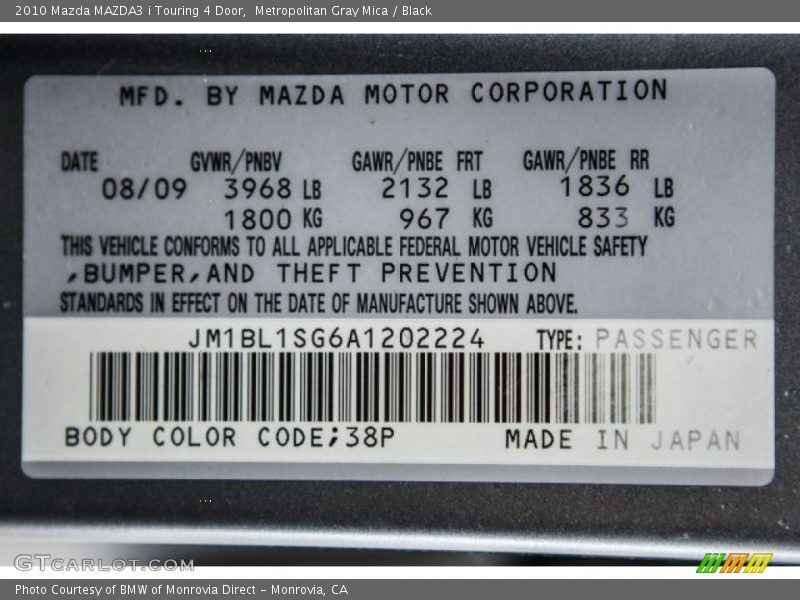 Metropolitan Gray Mica / Black 2010 Mazda MAZDA3 i Touring 4 Door