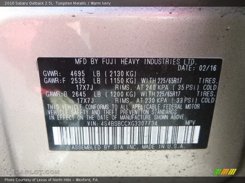 Tungsten Metallic / Warm Ivory 2016 Subaru Outback 2.5i