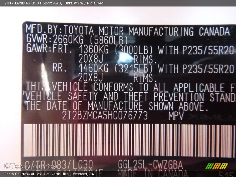 Ultra White / Rioja Red 2017 Lexus RX 350 F Sport AWD