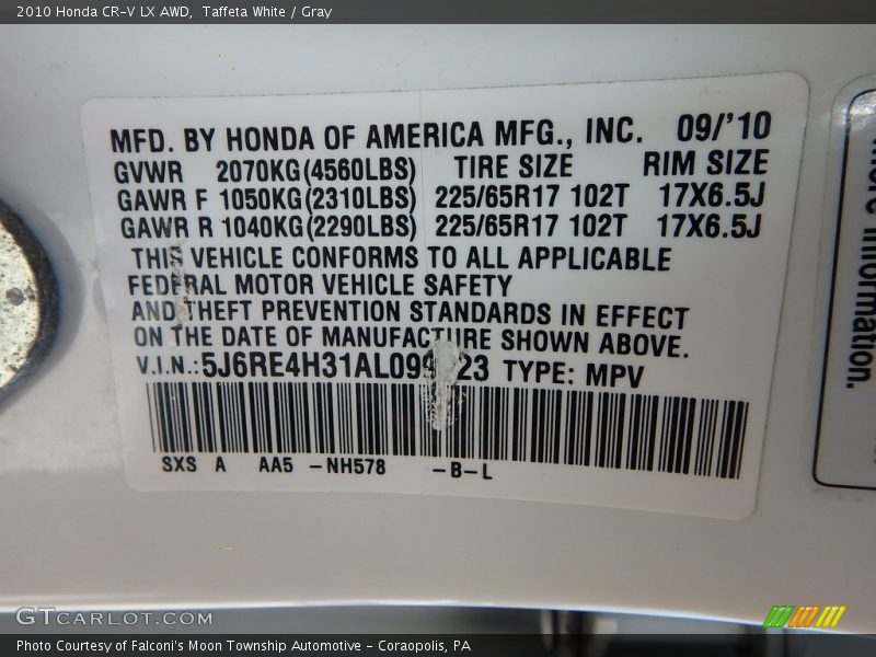 Taffeta White / Gray 2010 Honda CR-V LX AWD