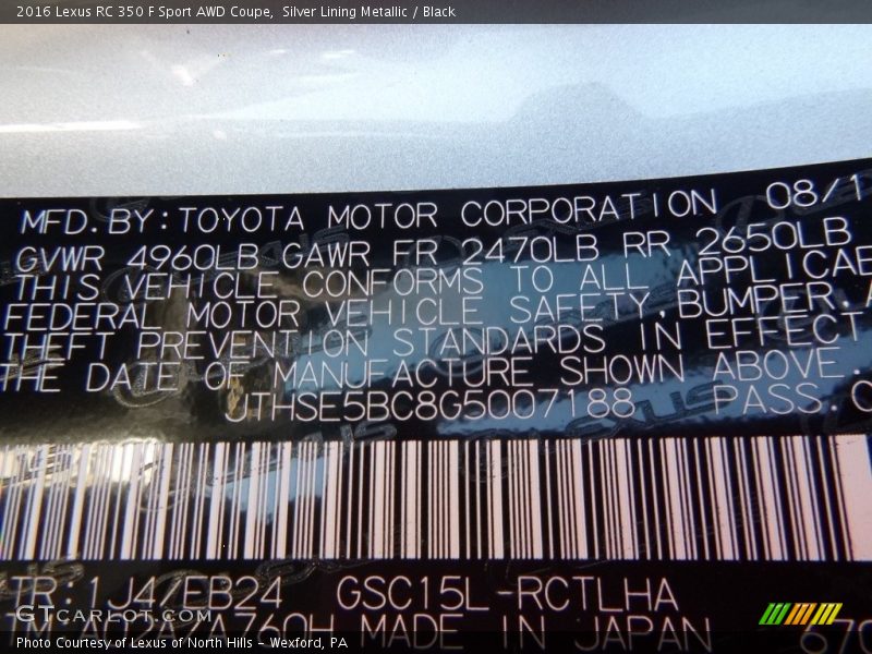 2016 RC 350 F Sport AWD Coupe Silver Lining Metallic Color Code 1J4