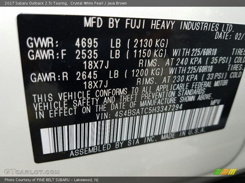 Crystal White Pearl / Java Brown 2017 Subaru Outback 2.5i Touring