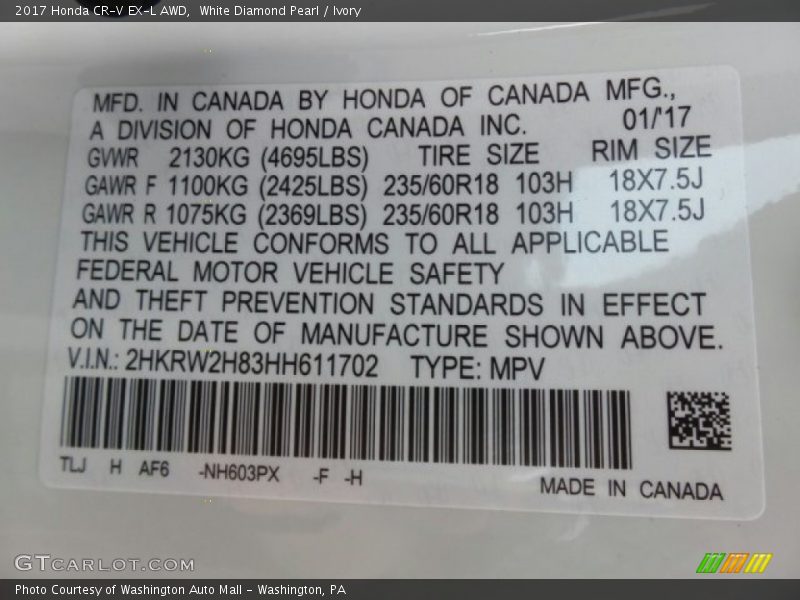 White Diamond Pearl / Ivory 2017 Honda CR-V EX-L AWD