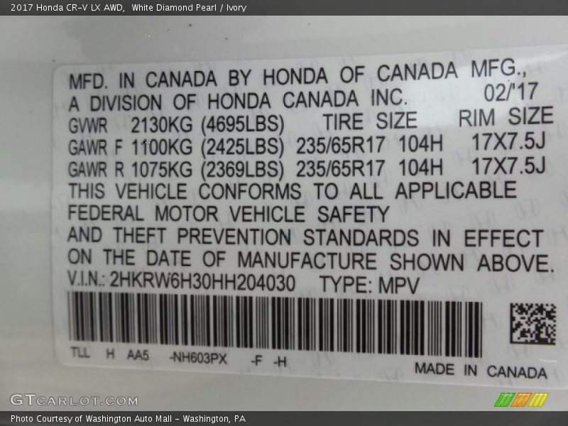 White Diamond Pearl / Ivory 2017 Honda CR-V LX AWD