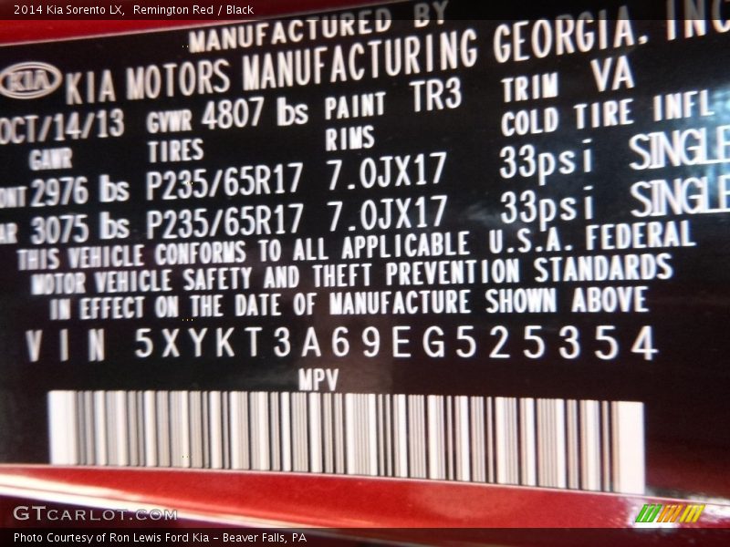 Remington Red / Black 2014 Kia Sorento LX