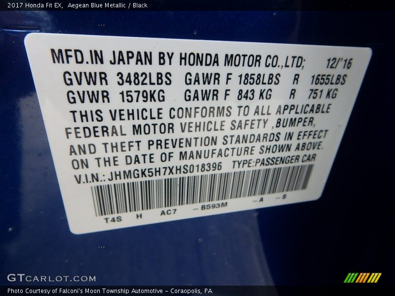 Aegean Blue Metallic / Black 2017 Honda Fit EX