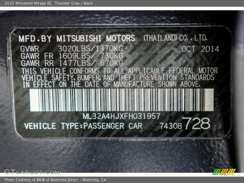 Thunder Gray / Black 2015 Mitsubishi Mirage ES