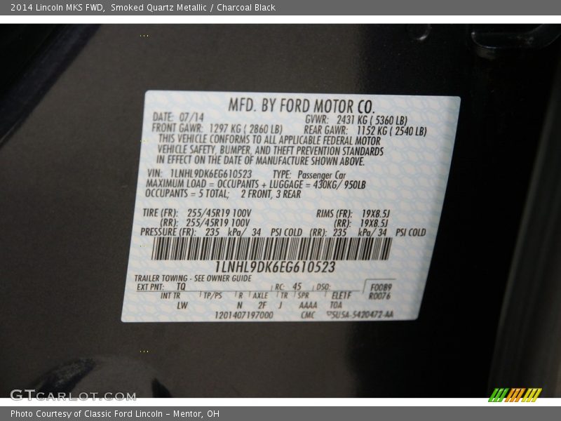 Smoked Quartz Metallic / Charcoal Black 2014 Lincoln MKS FWD