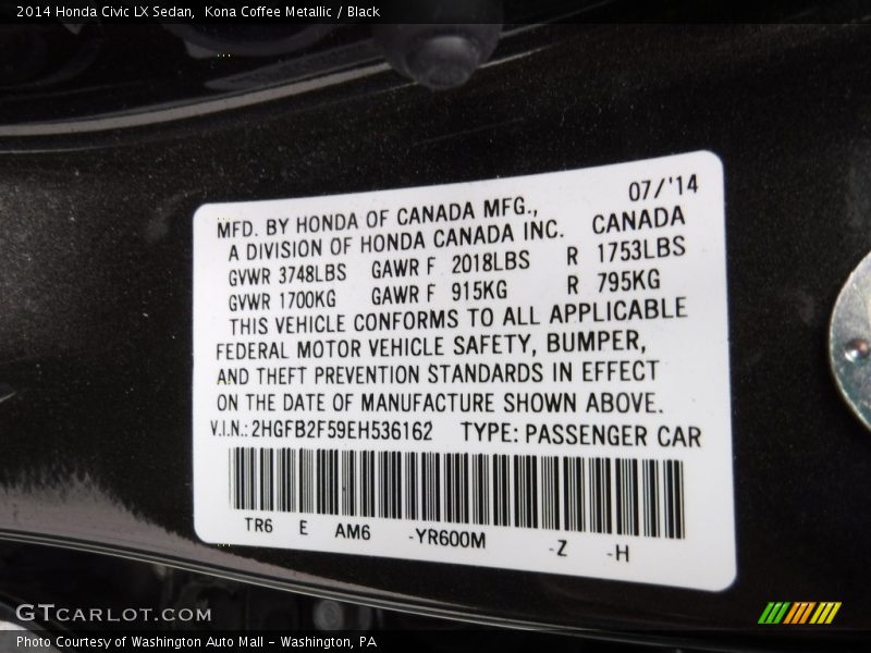 Kona Coffee Metallic / Black 2014 Honda Civic LX Sedan