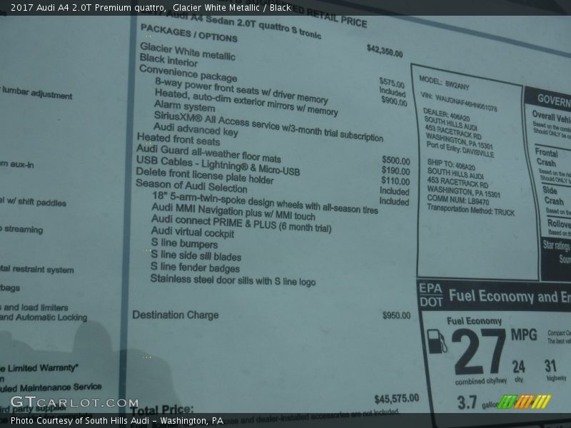  2017 A4 2.0T Premium quattro Window Sticker