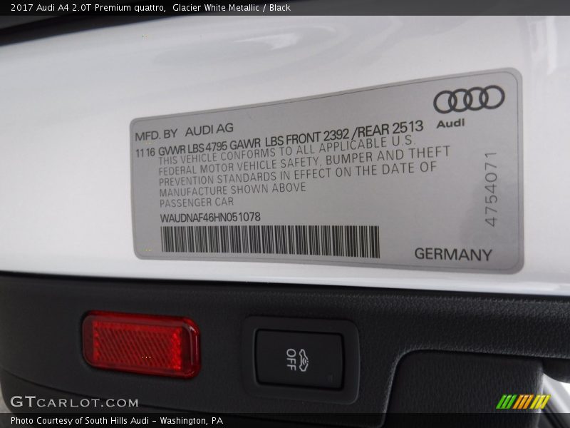 Glacier White Metallic / Black 2017 Audi A4 2.0T Premium quattro