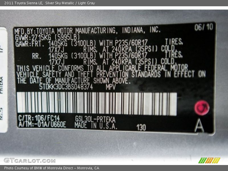 Silver Sky Metallic / Light Gray 2011 Toyota Sienna LE