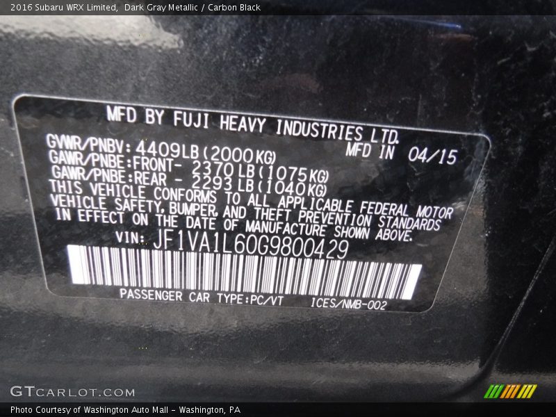 Dark Gray Metallic / Carbon Black 2016 Subaru WRX Limited