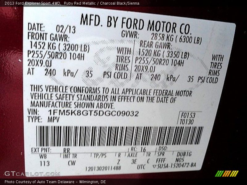 2013 Explorer Sport 4WD Ruby Red Metallic Color Code RR