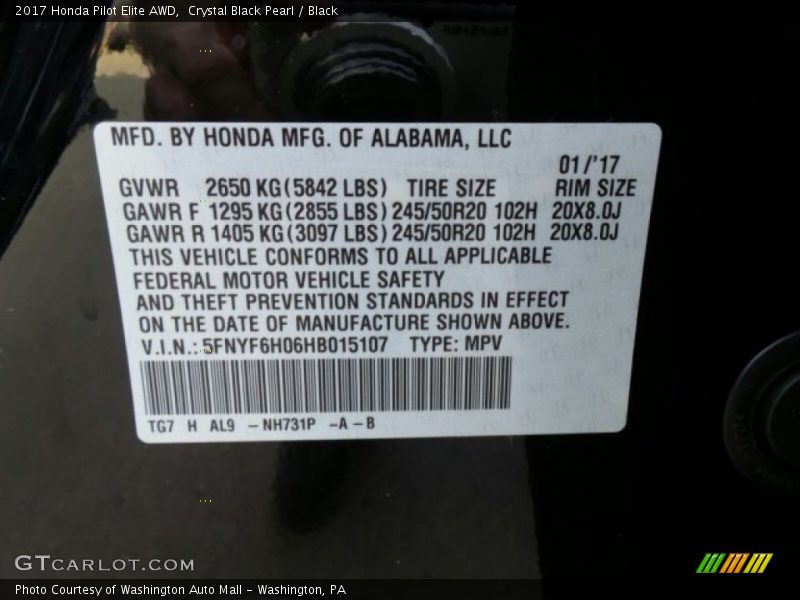 Crystal Black Pearl / Black 2017 Honda Pilot Elite AWD