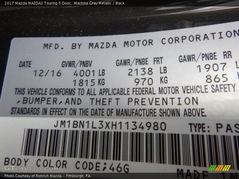 Machine Gray Metallic / Black 2017 Mazda MAZDA3 Touring 5 Door