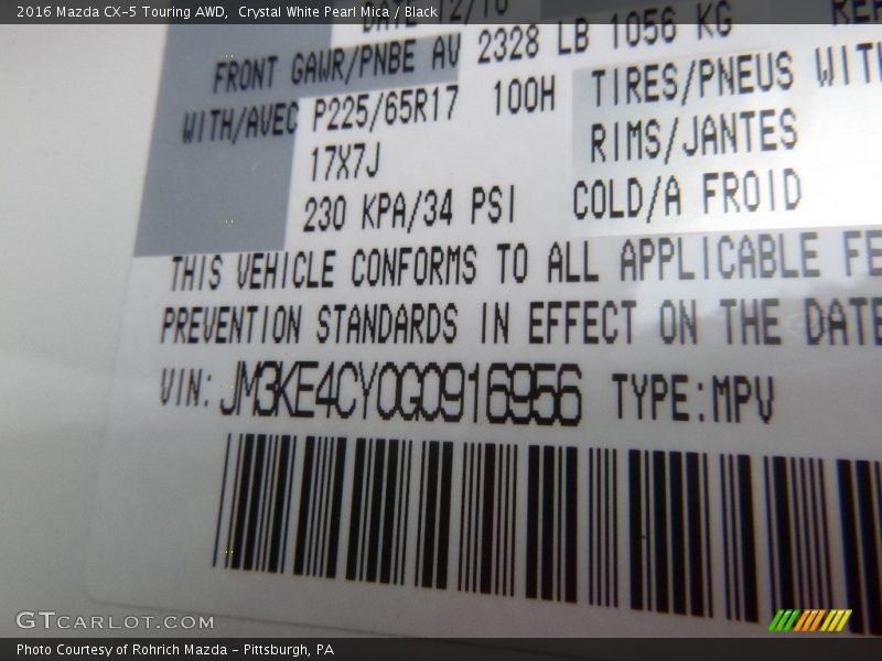 Crystal White Pearl Mica / Black 2016 Mazda CX-5 Touring AWD