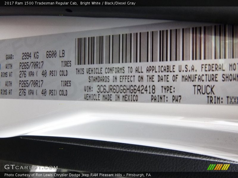 2017 1500 Tradesman Regular Cab Bright White Color Code PW7