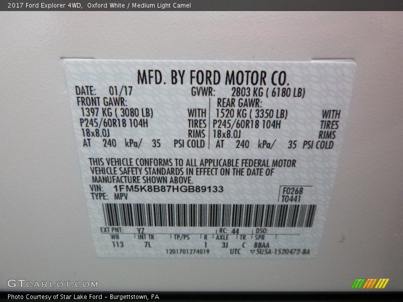 2017 Explorer 4WD Oxford White Color Code YZ
