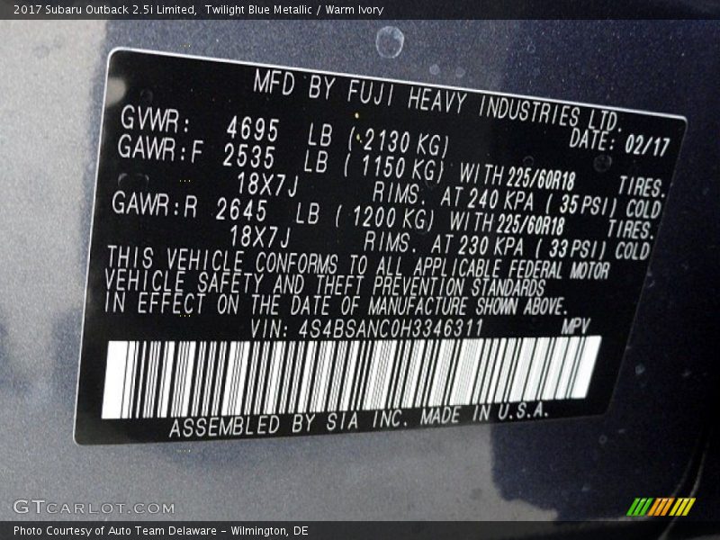 Twilight Blue Metallic / Warm Ivory 2017 Subaru Outback 2.5i Limited