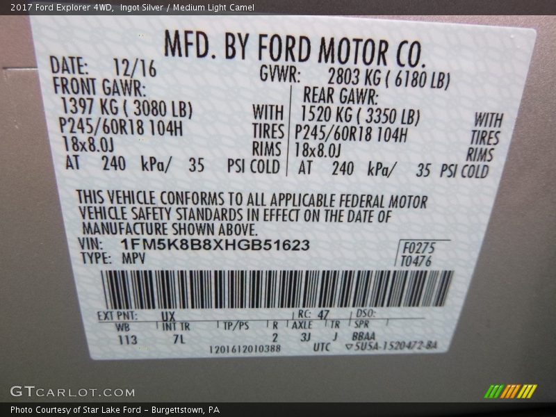 2017 Explorer 4WD Ingot Silver Color Code UX