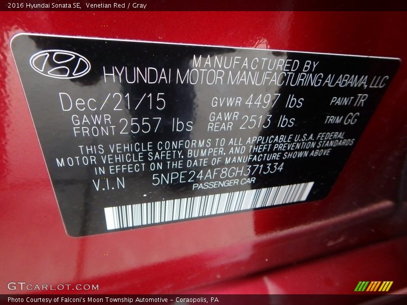 Venetian Red / Gray 2016 Hyundai Sonata SE